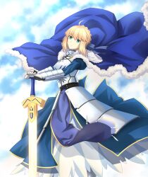  1girl absurdres ahoge andychen662000 armor armored_dress artoria_pendragon_(fate) blonde_hair blue_bow blue_cape bow braid breastplate bun_with_braided_base cape clouds dress excalibur_(fate/stay_night) fate/stay_night fate_(series) gauntlets green_eyes hair_bow hair_bun hand_on_hilt highres holding holding_sword holding_weapon planted planted_sword saber_(fate) sidelocks solo sword weapon 