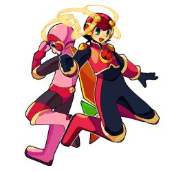  1boy 1girl black_bodysuit black_hair blonde_hair bodysuit boots green_eyes helmet leotard long_hair looking_at_viewer medium_hair mega_man_(series) mega_man_battle_network_(series) megaman.exe pink_boots pink_helmet pink_leotard ponytail red_helmet ritomasu_(crsk4373) roll.exe_(mega_man) very_long_hair white_background 