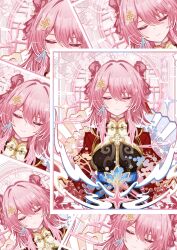  1girl blush breasts chinese_clothes chinese_commentary closed_eyes closed_mouth colored_eyelashes colorful_background commentary_request earrings flower hair_between_eyes hair_flower hair_ornament honkai:_star_rail honkai_(series) jewelry long_hair low-tied_long_hair march_7th_(honkai:_star_rail) march_7th_(hunt)_(honkai:_star_rail) medium_breasts medium_hair qingcichuan sparkle_background 