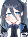  1girl aris_(blue_archive) black_hairband blue_archive blue_eyes closed_mouth commentary_request hair_between_eyes hairband halo karon_(karon_cha) long_sleeves looking_at_viewer revision simple_background smile solo upper_body white_background 