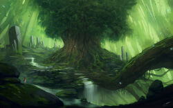  branch cliff forest giant_tree green_theme jjcanvas jungle landscape light_particles moss nature original painterly plant river rock scenery signature tree vines 