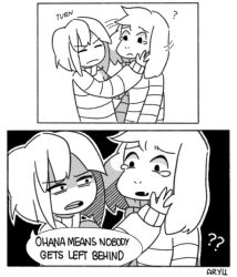  1boy 1other 2015 2d ambiguous_gender animal_ears anthro artist_name aryll_(marbles) asriel_dreemurr body_fur brown_hair comic commentary cropped_torso crying digital_media double_horizontal_stripe droopy_ears duo english_commentary english_text fangs floppy_ears frisk_(undertale) furry furry_male goat goat_boy goat_ears horizontal-striped_clothes hug human lilo_&amp;_stitch long_sleeves male mammal monochrome monster monster_boy parody scene_reference sequential shirt short_hair simple_background speech_bubble striped_clothes striped_shirt striped_sweater sweater tears text undertale upper_body utdr_(toby_fox) white_background 