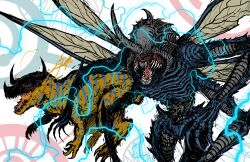  breath_weapon breathing_fire bug claws digimon digimon_(creature) dinosaur electricity electrokinesis extra_arms fire greymon highres horns insect_wings kabuterimon mandibles monster monster_focus multiple_wings no_humans open_mouth red_eyes sharp_teeth single_horn spaghetti-bastard teeth wings 