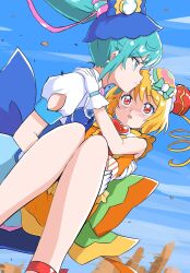  2girls ankleband back_bow blonde_hair blue_bow blue_eyes blue_hair blue_skirt blue_sky bow brooch bun_cover canyon carrying closed_mouth commentary cure_spicy cure_yum-yum day delicious_party_precure double_bun dress drill_hair fuwa_kokone gloves hair_bun hanamichi_ran hand_on_another's_shoulder hat heart heart_brooch highres huge_bow jewelry long_hair magical_girl multiple_girls open_mouth orange_dress outdoors ponytail precure princess_carry puffy_short_sleeves puffy_sleeves red_eyes scene_reference short_sleeves skirt sky twin_drills uraki white_gloves 