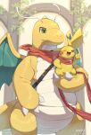  artist_name clothed_pokemon dragonite highres holding holding_pokemon looking_at_viewer makoto_ikemu no_humans one_eye_closed open_mouth pikachu pokemon pokemon_(creature) red_scarf scarf watermark 