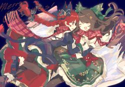  2girls ^_^ absurdres adapted_costume animal_ears arm_warmers bird_girl bird_wings black_arm_warmers black_bow black_dress black_shoes blush bow braid brown_hair brown_pantyhose cape cat_ears cat_girl cat_tail check_clothing christmas closed_eyes clothing_request commentary dress elbow_gloves english_commentary extra_ears fang floating_clothes floating_hair food-themed_hair_ornament frilled_dress frilled_skirt frills fur-trimmed_arm_warmers fur-trimmed_shirt fur-trimmed_shoes fur_trim gingerbread_man_hair_ornament gloves gold_trim green_bow green_skirt hair_between_eyes hair_bow hair_ornament highres holding_hands interlocked_fingers juliet_sleeves kaenbyou_rin long_hair long_sleeves lunging merry_christmas multicolored_shoes multiple_girls multiple_tails open_mouth pantyhose paw_print_soles plaid_clothes plaid_scarf puffy_sleeves red_dress red_eyes red_hair red_scarf red_shoes reiuji_utsuho scarf shirt shoes skirt skull_hair_ornament smile snowflake_hair_ornament swept_bangs tail touhou twin_braids two-sided_dress two-sided_fabric two-tone_shoes white_cape white_shirt wing_hug wings wusem0108 