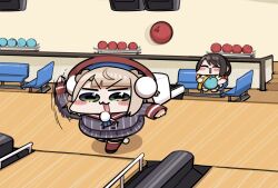  2girls :d ^_^ afterimage ball beret black_hair blonde_hair bowling bowling_alley bowling_ball chibi chibi_only closed_eyes commentary green_eyes grey_jacket grey_skirt hair_ornament hat highres hololive indie_virtual_youtuber indoors jacket kakue_gaku motion_blur motion_lines multiple_girls on_bench oozora_subaru oozora_subaru_(1st_costume) pom_pom_(clothes) pom_pom_hair_ornament red_hat red_sailor_collar red_socks sailor_collar shigure_ui_(1st_costume)_(vtuber) shigure_ui_(vtuber) short_hair sitting skirt smile socks striped_clothes striped_jacket striped_skirt throwing vertical-striped_clothes vertical-striped_jacket vertical-striped_skirt virtual_youtuber 