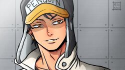  1boy black_hair commentary earrings hat highres jewelry jumpsuit looking_to_the_side male_focus mesukohi one_piece penguin_(one_piece) short_hair smile solo watermark white_jumpsuit 