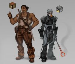  2boys absurdres armor black_bodysuit black_gloves black_hair blacksmith blacksmith_tongs block_(minecraft) bodysuit brown_pants chest_harness commentary crafting_table_(minecraft) dark-skinned_male dark_skin dirty dirty_face dreadlocks english_commentary facial_hair fingerless_gloves full_body furnace_(minecraft) gloves glowing_hot goatee grey_background grey_hair grin hand_on_own_hip harness highres holding holding_tongs knee_pads looking_at_viewer male_focus mature_male minecraft multiple_boys multiple_scars muscular muscular_male object_and_personification one_eye_closed pants pauldrons saw scar scar_on_arm short_hair shoulder_armor shoulder_belt smile smoke soot standing tank_top thumbs_up tongs tool_belt tools unatalmeh white_tank_top 