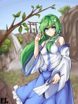  1girl ahoge blue_eyes blue_skirt blue_sky closed_mouth commentary detached_sleeves frog_hair_ornament green_hair greenapple_(g_apple0511) hair_ornament hair_tubes hand_in_own_hair highres kochiya_sanae korean_commentary long_hair looking_at_viewer outdoors shirt signature skirt sky smile solo torii touhou tree water waterfall white_shirt wide_sleeves 