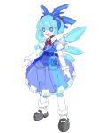  1girl :d absurdres blue_dress blue_eyes blue_hair cheri_zao cirno commentary dress highres joints light_blue_hair looking_at_viewer mary_janes mechanical_wings mechanization neck_ribbon open_mouth red_ribbon ribbon robot_girl robot_joints see-through see-through_dress shoes short_hair simple_background smile solo touhou white_background wings 