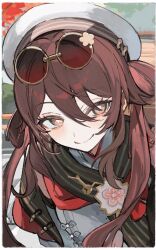  1girl brown_eyes brown_hair dress eyewear_on_head flower-shaped_pupils genshin_impact hair_rings hat hu_tao_(cherries_snow-laden)_(genshin_impact) hu_tao_(genshin_impact) kawaii_rowa long_hair looking_at_viewer official_alternate_costume red-tinted_eyewear red_skirt round_eyewear scarf skirt smile solo sunglasses symbol-shaped_pupils tinted_eyewear white_dress white_hat 