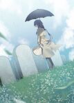  1girl absurdres alternate_costume ankle_boots boots bouquet closed_mouth clouds cloudy_sky coat commentary flower fu_hua full_body grass graveyard highres holding holding_bouquet holding_umbrella honkai_(series) honkai_impact_3rd long_hair long_sleeves rain saya_atang sky solo standing tombstone umbrella very_long_hair white_flower 