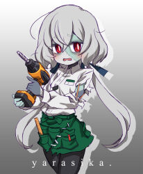  1girl apron black_pants blue_skin bright_pupils chaki_(teasets) collared_shirt colored_skin cowboy_shot detached_sleeves drill employee_uniform gradient_background green_apron green_skin grey_background grey_hair grey_skin hair_ribbon highres holding konno_junko kunreishiki long_sleeves low_twintails name_tag open_mouth pants patchwork_clothes patchwork_skin red_eyes ribbon romaji_text ruler shirt single_detached_sleeve torn_clothes torn_shirt twintails zombie zombie_land_saga 