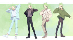  1boy alternate_costume arms_behind_head asymmetrical_hair belt belt_buckle black_belt black_jacket black_pants black_ribbon black_shoes black_suit blazer blue_jacket blue_pants boots brown_boots brown_coat brown_pants buckle buttons casual chain cilan_(pokemon) closed_mouth coat collarbone collared_coat collared_jacket commentary_request denim dot_nose dress_pants dress_shoes fashion finger_to_mouth floating_clothes floral_print formal_clothes full_body fur-trimmed_coat fur-trimmed_sleeves fur_trim gold_chain green_background green_eyes green_hair green_hoodie green_theme grey_belt grey_ribbon grey_shirt grin hand_in_pocket hand_on_own_chest hand_on_own_head hand_on_own_hip happy high_heels highres hood hood_down hoodie jacket jeans lapels layered_sleeves letterboxed light_blush long_sleeves looking_at_viewer loose_hair_strand male_focus neck_ribbon notched_lapels one_eye_closed open_clothes open_coat open_jacket open_mouth outside_border outstretched_arm pants peaked_lapels plaid_background pocket pokemon pokemon_(anime) pokemon_bw_(anime) puffy_long_sleeves puffy_sleeves ribbon serizawa_serizane shirt shoes short_hair smile sneakers spiky_hair standing suit turtleneck turtleneck_shirt twitter_username variations white_shirt white_shoes 