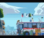  1girl animated animated_gif apo_(rairaru20001) black_hair blue_sky bus chair cityscape clothesline clouds day green_shorts ladder letterboxed motor_vehicle original outdoors pixel_art shirt short_sleeves shorts sky solo standing tree white_shirt 