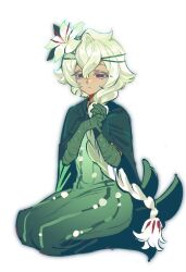  1girl cape cookie_run cookie_run:_kingdom dress flower gloves green_cape green_dress green_gloves hair_between_eyes hair_flower hair_ornament hashtag-only_commentary highres kneeling long_braid looking_at_viewer simple_background solo sumooo_(ga_ilil) white_background white_flower white_lily_cookie 