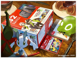  border box closed_mouth commentary_request floette floette_(eternal) food fork knife mayotsunamayo no_humans pokemon pokemon_(creature) pokemon_focus pokemon_legends:_z-a smile table twitter_username watermark white_border zygarde zygarde_cell 