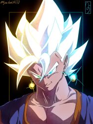  1boy black_background blonde_hair blue_shirt dragon_ball dragon_ball_z earrings green_eyes highres jewelry male_focus medium_hair muscular muscular_male orange_shirt potara_earrings ryo_lovevegito shirt simple_background solo spiky_hair super_saiyan super_saiyan_1 vegetto 