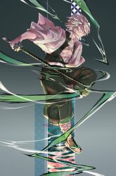  1boy artist_name belt closed_mouth dated demon_slayer_uniform fighting_stance from_side full_body haori highres holding holding_sword holding_weapon japanese_clothes katana kimetsu_no_yaiba leg_up long_sleeves male_focus open_clothes open_shirt pants sandals scar scar_on_chest scar_on_face scar_on_forehead serious shinazugawa_sanemi short_hair signature sword sword_writing tomkureson weapon white_belt white_hair wind 