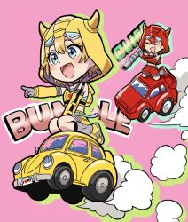2girls :d autobot belt black_choker blonde_hair blue_belt blue_eyes bumblebee_(kotobukiya_bishoujo)_(transformers) bumblebee_(transformers) car character_name chibi chibi_only choker cliffjumper cliffjumper_(kotobukiya_bishoujo) closed_eyes commentary detached_sleeves exhaust genderswap genderswap_(mtf) gloves grey_gloves grey_socks gun highres holding holding_gun holding_weapon hood hood_up hoodie humanization komagoma kotobukiya_bishoujo midriff motor_vehicle multiple_girls open_mouth pink_background pointing red_hair red_hoodie red_shoes red_shorts seiza shoes short_hair shorts simple_background sitting smile socks transformers transformers:_generation_1 volkswagen_beetle weapon yellow_hoodie yellow_shoes yellow_shorts