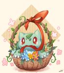  basket blue_flower bulbasaur claws creature fangs flower highres inosuke_(monstruo) mouth_hold no_humans nostrils orange_flower pink_flower pokemon pokemon_(creature) red_eyes red_ribbon ribbon ribbon_in_mouth signature white_eyes yellow_flower 