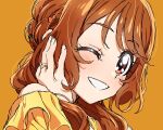  1girl brown_hair delicious_party_precure grin hair_down hanamichi_ran highres jewelry long_hair off-shoulder_shirt off_shoulder one_eye_closed orange_background precure red_eyes ring shirt smile solo yufu_kyouko 