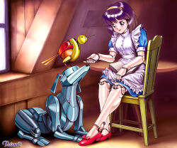  1girl android apron archived_source artist_name bird blue_eyes blunt_ends bob_cut book bow breasts buttoned_cuffs buttons chair collared_apron commentary_request footwear_bow frilled_apron frills full_body grey_dog hairband high_collar holding holding_book indoors joints maid maid_apron medium_breasts muntins non-humanoid_robot open_book open_hand original puffy_short_sleeves puffy_sleeves purple_hair red_shoes robot robot_animal robot_bird robot_dog robot_joints rosanna_(mt3t-njr) round_table shoes short_sleeves signature sitting sleeve_cuffs table white_apron window window_light windowsill wooden_chair wooden_table yellow_bird yellow_hairband 