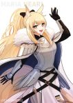  1girl :d animal_ears arknights arm_up armor black_bow black_gloves blemishine_(arknights) blonde_hair blush bow bright_pupils character_name cowboy_shot extra_ears fur-trimmed_armor gauntlets gloves hair_bow happy highres horse_ears horse_tail long_hair open_mouth ponytail sidelocks simple_background smile solo supershrimpcakes tail teeth tongue twitter_username upper_teeth_only very_long_hair white_background white_pupils yellow_eyes 