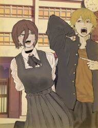  1boy 1girl 30_for_30 absurdres black_choker black_pants black_ribbon chainsaw_man choker denji_(chainsaw_man) fourth_east_high_school_uniform green_eyes hair_between_eyes hair_bun highres long_hair_between_eyes medium_hair neck_ribbon pants reze_(chainsaw_man) ribbon school_uniform sharp_teeth shirt_tucked_in single_hair_bun teeth 
