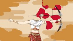  1girl argyle_clothes argyle_skirt armlet arrow_(projectile) bare_shoulders belt boots bow_(weapon) bracelet brown_boots cherria71 chinese_commentary cloak clouds commentary_request cowboy_shot crop_top firing flat_color flower gold_armlet gold_belt gold_bracelet gold_necklace headless highres holding holding_bow_(weapon) holding_weapon infinity_nikki jewelry midriff multiple_bracelets necklace nikki_(nikki) nikki_(series) outstretched_arms petals purifying_wind_(infinity_nikki) red_flower red_skirt shirt skirt sleeveless sleeveless_shirt solo weapon white_cloak white_shirt 