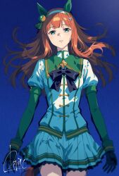  1girl animal_ears black_bow black_gloves blue_background blue_eyes blunt_bangs blush bow breasts ear_covers gloves green_eyes green_sleeves hairband highres hime_cut horse_ears horse_girl horse_tail kibidango_14-gou long_hair long_sleeves looking_at_viewer orange_hair orange_tail parted_lips pleated_skirt shirt silence_suzuka_(innocent_silence)_(umamusume) silence_suzuka_(umamusume) skirt small_breasts solo tail umamusume white_hairband white_shirt white_skirt 