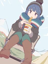  1girl beanie black_hat blue_hair bluearcadegames blush boots camping_chair chair chopsticks cup eating folding_chair green_pants hat highres holding holding_chopsticks holding_cup instant_cup_noodles instant_noodles multicolored_scarf on_chair outdoors pants scarf shima_rin sitting sky solo violet_eyes yurucamp 
