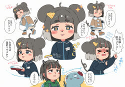  >_< +_+ 1boy 2girls ahoge animal_ears ano_ko_wa_toshi_densetsu artist_self-insert beret black_gloves black_hair black_pantyhose black_shirt blush_stickers boots brown_boots brown_jacket brown_skirt cheese_hair_ornament closed_eyes closed_mouth collared_shirt commentary_request drawstring dress_shirt fake_halo fake_horns flying_sweatdrops food-themed_hair_ornament fur-trimmed_boots fur-trimmed_jacket fur_trim gloves gomennasai green_hoodie grey_hair hair_ornament halo hat hood hood_down hoodie horns jacket long_sleeves mouse_ears mouse_girl mouse_tail multicolored_hair multiple_girls pantyhose parted_lips puffy_long_sleeves puffy_sleeves red_hat shirt short_eyebrows skirt sleeves_past_wrists sparkle tail thick_eyebrows tilted_headwear translation_request two-tone_hair wavy_mouth white_background zangyaku-san 