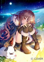  1girl absurdres animal_ears beach bike_shorts bike_shorts_under_skirt black_shorts black_thighhighs blue_cloak bone_hair_ornament boots bracer braid brown_boots brown_eyes brown_hair campfire cartoon_bone cloak commentary_request copyright_name dog_ears dog_girl full_moon fur-trimmed_boots fur-trimmed_cloak fur_skirt fur_trim futo-inu hair_ornament hands_on_own_knees highres hololive hoso-inu inugami_korone inugami_korone_(viking) knee_boots knees_together_feet_apart knees_up long_hair looking_at_viewer messy_hair miniskirt moon mucchiri_shiitake night night_sky official_alternate_costume official_art outdoors red_skirt shorts side_braid sitting skirt sky solo star_(sky) starry_sky swept_bangs thigh-highs very_long_hair virtual_youtuber 