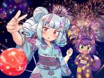  2girls animal_ear_fluff animal_ears blue_hair blue_kimono blunt_bangs blush chipfar delmin_(show_by_rock!!) dragon_horns drill_hair fang festival fireworks flower ginkgo_leaf green_eyes hair_flower hair_ornament hairband highres horns japanese_clothes kimono leaf light_blue_hair multiple_girls open_mouth pink_horns purple_hair purple_horns purple_kimono red_eyes ruhuyu_(show_by_rock!!) show_by_rock!! tail water_balloon water_yoyo wide_sleeves wolf_ears wolf_girl wolf_tail 