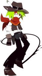  black_pants bleeding blood boots brown_gloves colored_skin cowboy_boots cowboy_hat dull_(funamusea) funamusea funamusea_(artist) gloves green_hair hat hat_feather holding official_art one_eye_closed pants red_eyes red_scarf scarf shirt shoes smile solo stitched_arm stitches whip white_background white_skin 