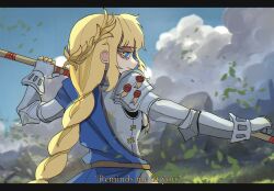  1girl absurdres ahoge armor basedbinkie blonde_hair blue_cape blue_sky blunt_bangs braid breastplate bridal_gauntlets cape clouds colored_eyelashes colored_lower_eyelashes cowboy_shot english_commentary english_text falling_leaves flayne_(basedbinkie) from_behind gauntlets grass highres laurel_crown leaf letterboxed light_smile looking_at_viewer medium_hair original polearm sky solo spear sweat wax_seal weapon window 
