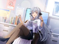  1girl black_shoes blue_skirt book breasts brown_pantyhose chair coat collared_shirt crossed_legs doctor game_cg grey_hair grey_shirt hair_intakes high_heels holding holding_stethoscope id_card long_sleeves looking_at_viewer medium_breasts official_art on_chair open_clothes open_coat pantyhose parted_lips shirt shoes shoujo_kageki_revue_starlight shoujo_kageki_revue_starlight_-re_live- sidelocks sitting skirt solo stethoscope striped_clothes striped_shirt violet_eyes watch watch white_coat yukishiro_akira 
