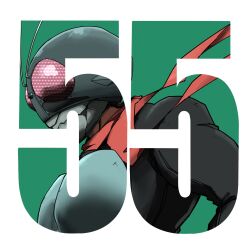  1boy anniversary armor black_bodysuit bodysuit green_armor green_background green_helmet helmet highres kamen_rider kamen_rider_(1st_series) kamen_rider_1 male_focus naitsupic red_scarf scarf simple_background solo tokusatsu upper_body 
