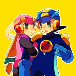  1boy 1girl black_bodysuit blue_bodysuit blue_gloves blue_helmet bodysuit closed_mouth commentary_request gloves green_eyes helmet highres leotard long_hair looking_at_another mega_man_(series) mega_man_battle_network_(series) megaman.exe open_mouth pink_hair pink_helmet pink_leotard ponytail puffy_cheeks ritomasu_(crsk4373) roll.exe_(mega_man) spiky_hair very_long_hair yellow_background 