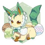  bonnet brown_eyes capelet closed_mouth clothed_pokemon easter easter_egg egg full_body hexagon leafeon looking_at_viewer pokemon pokemon_(creature) simple_background sitting smile solo teru_(245_neko) 
