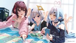  3girls :d :o ahoge amane_kanata angel_wings azki_(hololive) azki_(yurufuwa_casual)_(hololive) barefoot black_bow black_choker black_hair black_jacket black_sweater blue_hair blue_shirt blue_streaks blurry blurry_background bob_cut bow braid cardigan casino_(casinoep) center-flap_bangs choker colored_inner_hair commentary_request day double-parted_bangs dress elf feathered_wings food frilled_dress frills grey_hair hair_bow hair_intakes hair_ornament hairclip halo heart heart_ahoge highres holding holding_food holding_notebook holding_pen hololive hood hooded_cardigan hooded_jacket indoors jacket long_hair long_sleeves looking_at_another looking_at_map loungewear low_twintails lying mini_wings mole mole_under_eye multicolored_hair multiple_girls notebook official_alternate_costume official_alternate_hairstyle on_stomach open_mouth paid_reward_available pen pink_cardigan pink_choker pink_hair pink_streaks pointy_ears pp_tenshi_t-shirt shirt short_hair side_braids single_hair_intake single_off_shoulder smile soles star_halo streaked_hair sweater the_pose tilted_halo toes twintails violet_eyes virtual_youtuber white_dress white_streaks white_wings wings x_hair_ornament yellow_eyes yukihana_lamy yukihana_lamy_(cyber) 