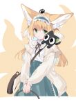  1girl akagashi_hagane animal_ears arknights bag basket black_cat black_ribbon blonde_hair blue_hairband blue_skirt brown_bag cardigan cat closed_mouth commentary fox_ears fox_girl fox_tail frilled_hairband frills green_eyes hair_ornament hair_scrunchie hairband handbag heixiu highres holding holding_basket kitsune kyuubi long_hair long_sleeves looking_at_viewer luoxiaohei multicolored_hair multiple_tails neck_ribbon official_alternate_costume on_head on_shoulder open_cardigan open_clothes puffy_long_sleeves puffy_sleeves ribbon scrunchie shirt shoulder_bag skirt sleeve_cuffs solo standing stitches suzuran_(arknights) suzuran_(spring_praise)_(arknights) tail the_legend_of_luo_xiaohei two-tone_hair white_hair white_shirt yellow_cardigan 