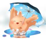  blush_stickers chappii closed_eyes clouds corsola creature holding holding_umbrella no_humans open_mouth pokemon pokemon_(creature) puddle rainbow reflection reflective_water ripples simple_background solo umbrella white_background 