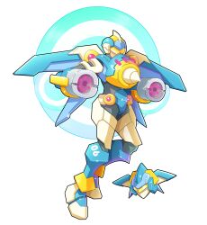  1boy 6_(number) absurdres android arm_cannon armor assault_visor aviator_(mighty_no._9) biometal blue_armor blue_helmet bodysuit closed_mouth dual_arm_cannons flying full_body helmet highres mechanical_wings mega_man_(series) mega_man_zx mighty_no._9 propeller redesign simple_background tagme ultimatemaverickx weapon white_background wings yellow_visor 