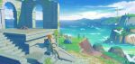  absurdres bird blue_tunic clouds highres light_brown_hair link nature ocean ruins scenery short_ponytail sitting sky sword sword_on_back the_legend_of_zelda the_legend_of_zelda:_breath_of_the_wild weapon weapon_on_back white_bird wide_shot x.x.d.x.c 