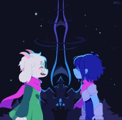  1other 2021 2boys 2d ambiguous_gender animal_ears animated animated_gif anthro armor artist_name aryll_(marbles) asriel_dreemurr barefoot black_pants blue_hair blue_skin body_fur bodysuit boots brown_hair brown_pants castle_town_(deltarune) closed_eyes colored_skin commentary dark_fountain_(deltarune) deltarune digital_media droopy_ears english_commentary fangs floppy_ears from_side furry furry_male gauntlets glasses goat goat_boy goat_ears goat_horns goat_tail green_robe green_sweater hair_over_eyes horns human kris_(dark_world)_(deltarune) kris_(deltarune) looping_animation male mammal monster monster_boy multiple_boys other_focus pants pink_horns pink_scarf profile ralsei robe round_eyewear scarf shirt short_hair silhouette simple_background solo sweater tail tail_tuft trio utdr_(toby_fox) white_fur 