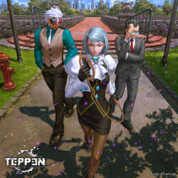  1girl 2boys ace_attorney arm_at_side arm_belt ascot balding black_gloves black_hair black_pants black_shoes black_skirt black_vest blue_gem blue_sky breasts brown_pantyhose brown_vest buttoned_cuffs buttons capcom character_request closed_mouth copyright_logo copyright_name copyright_notice dappled_sunlight facial_hair fire_hydrant from_above gem glasses gloves goatee grass green_shirt grey_hair grey_jacket grey_pants grey_suit hair_slicked_back hand_on_own_arm hand_on_own_forehead hand_up hands_in_pockets highres holding holding_whip jacket juliet_sleeves light_particles logo long_sleeves medium_breasts medium_hair mole mole_under_eye multiple_boys necktie nose official_art on_floor opaque_glasses outdoors pants pantyhose parted_lips pencil_skirt pocket puffy_sleeves railing rectangular_eyewear red_necktie serious shirt shoes skirt sky skyline smile smirk suit suit_jacket sunlight swept_bangs teeth turning_head undershirt v-shaped_eyebrows vanishing_point vest walking white_ascot white_hair white_necktie white_shirt wing_collar yu_cheng_hong 