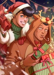  2boys absurdres animal_costume animal_ears antlers bell black_hair blue_eyes candy candy_cane christmas coat collar commentary deer_ears diamond_wa_kudakenai dress earrings english_commentary fingernails food fur-trimmed_coat fur-trimmed_headwear fur-trimmed_sleeves fur_trim gift gift_art gloves green_sweater hand_on_another's_shoulder hat higashikata_josuke highres holding holding_sack horns idinahui_pls jewelry jingle_bell jojo_no_kimyou_na_bouken lace long_sleeves looking_at_viewer multiple_boys night nijimura_okuyasu pom_pom_(clothes) pompadour red_gloves reindeer_antlers reindeer_costume sack santa_costume santa_dress santa_hat smile snow sweater turtleneck turtleneck_sweater upper_body 
